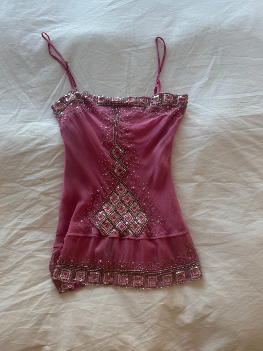 warehouse pink beaded silk top with adjustable straps and a boho vibe